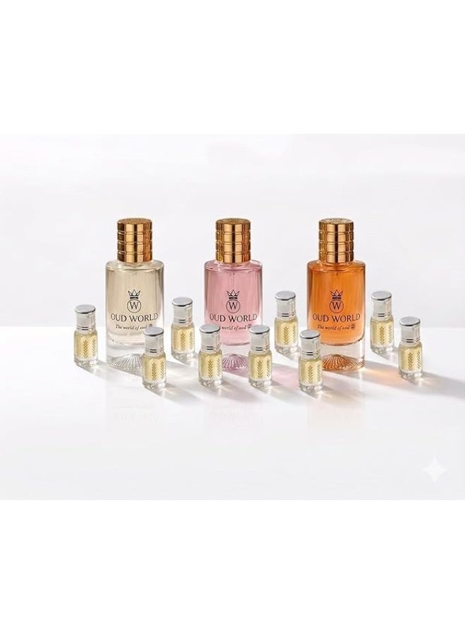 Oud World Combo Set 27 Perfume Trio – Sharp Pecholi, Honey Bonny & White Flawer | Spicy Sweet Honey & Floral Musk Blend - Image 1