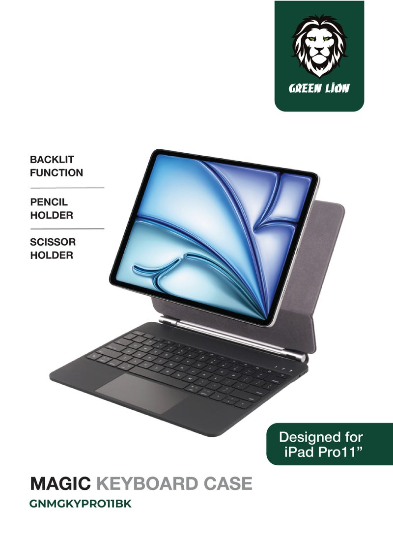 GREEN LION Magic Keyboard Case for iPad Pro 11” / Scissor Holder / Pencil Holder / Backlit Function / High Sensitivity Touchpad / 10m Operating Distance / Foldable and Portable / 360-Degree Rotation - Black