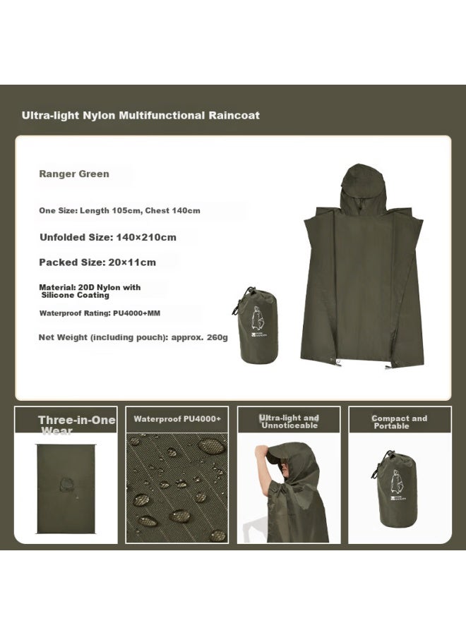 Mobigarden Outdoor Camping Hiking Ultralight Multifunctional Rain Poncho Raincoat Tarp 3-in-1 Nx23667004 Ranger Green - Image 1