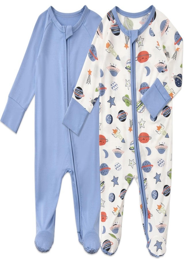 ابلكسيما بيجامات أطفال حديثي الولادة مع قفازات من الرايون من الخيزران، قطعتان، بيجامات بسحاب ثنائي الاتجاه، ملابس نوم لطيفة (أزرق داكن، من 6 إلى 12 شهرًا) - Image 1