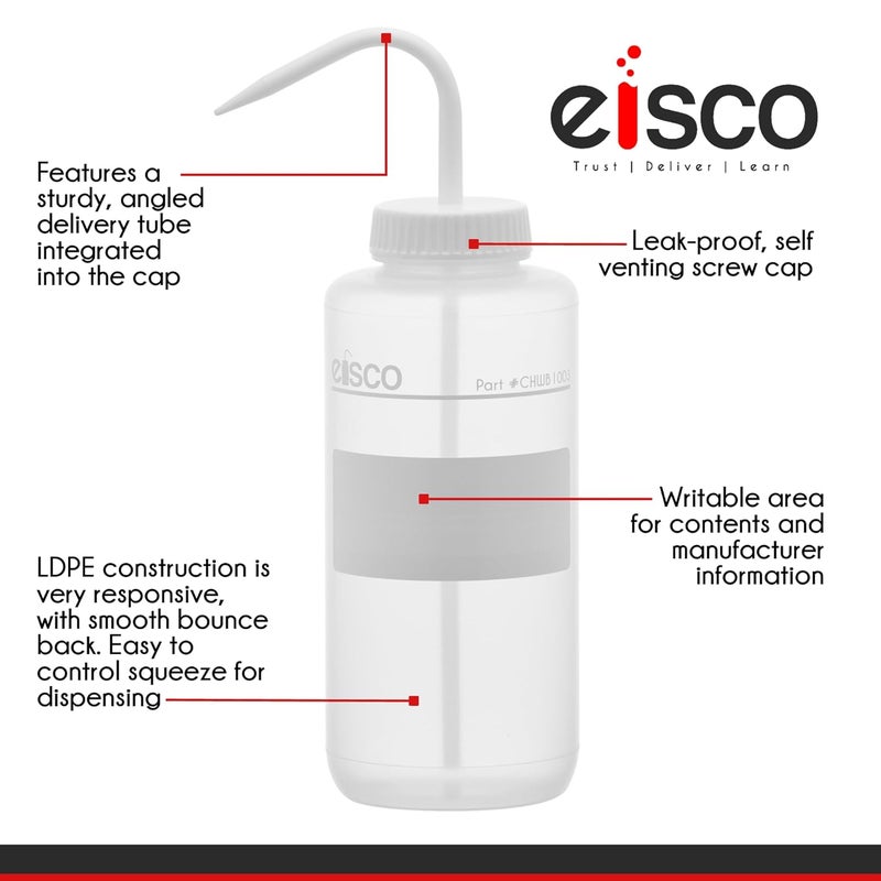 EISCO 2PK Chemical Wash Bottle, No Label, 1000ml - Wide Mouth, Self Venting, Low Density Polyethylene - Performance Plastics Labs - Image 2