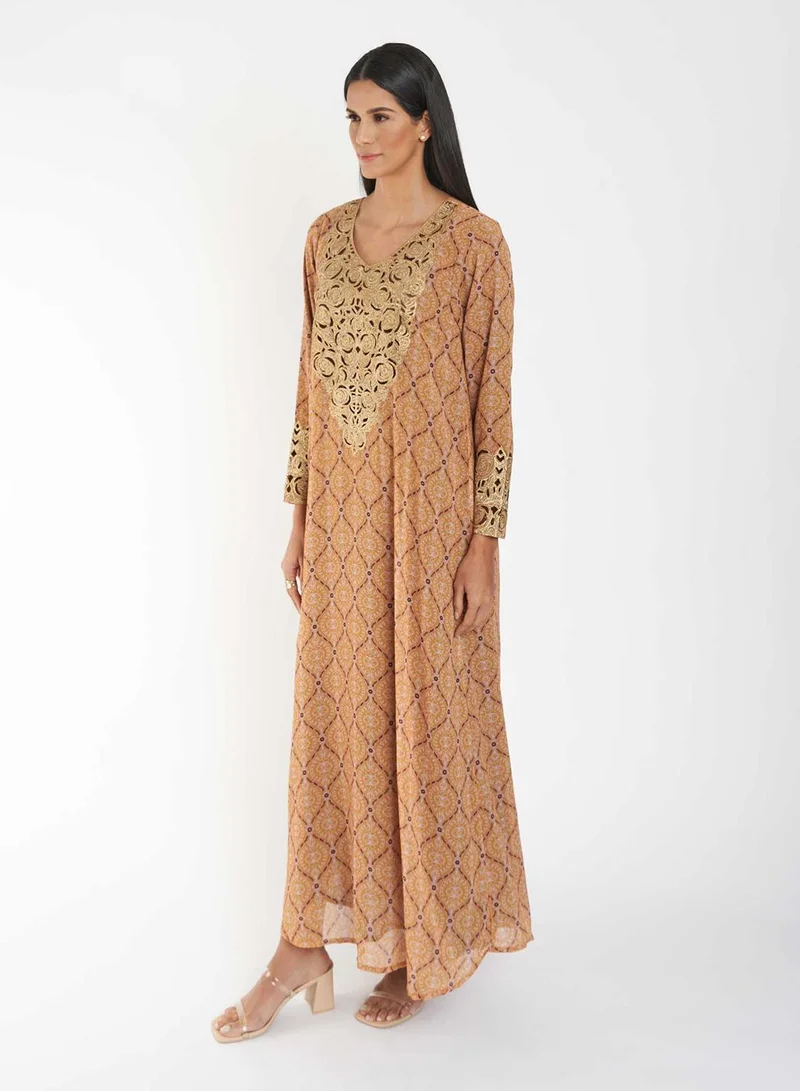 كشخة Printed Jalabiya with Yoke Embroidery