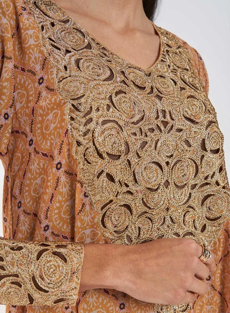كشخة Printed Jalabiya with Yoke Embroidery
