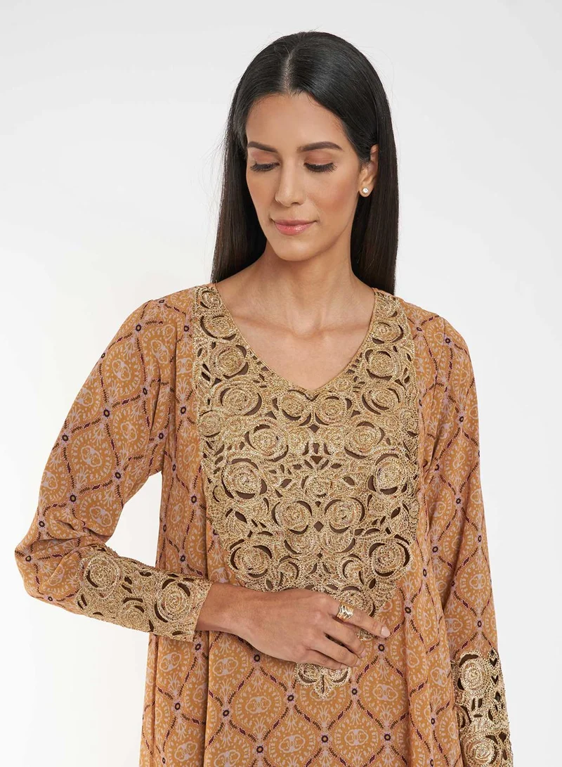 كشخة Printed Jalabiya with Yoke Embroidery