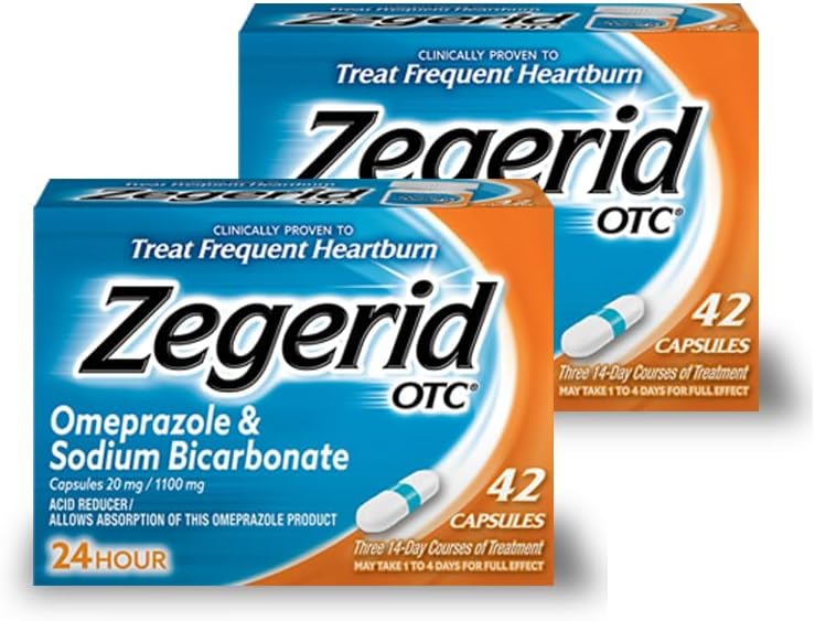 Zegerid OTC Zegerid OTC, Omeprazole plus Sodium Bicarbonate, 24 Hour, Proton Pump Inhibitor (PPI), Heartburn Medicine, Acid Reducer, Two 42ct Cartons 