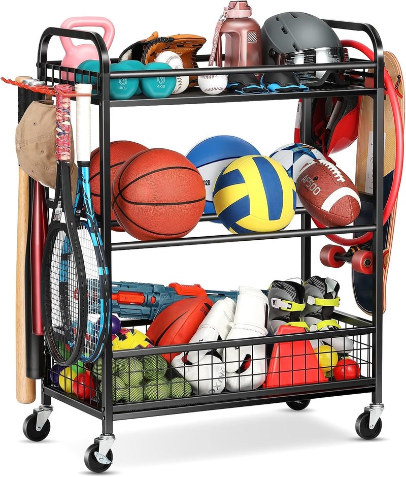 EXTCCT Basketball Rack, Rolling Basketball Shooting Training Stand,Sports Equipment Storage with Wheels, Four-Layer Organizer Holder with Two Basket for Basketballs Footballs Volleyball - Image 1
