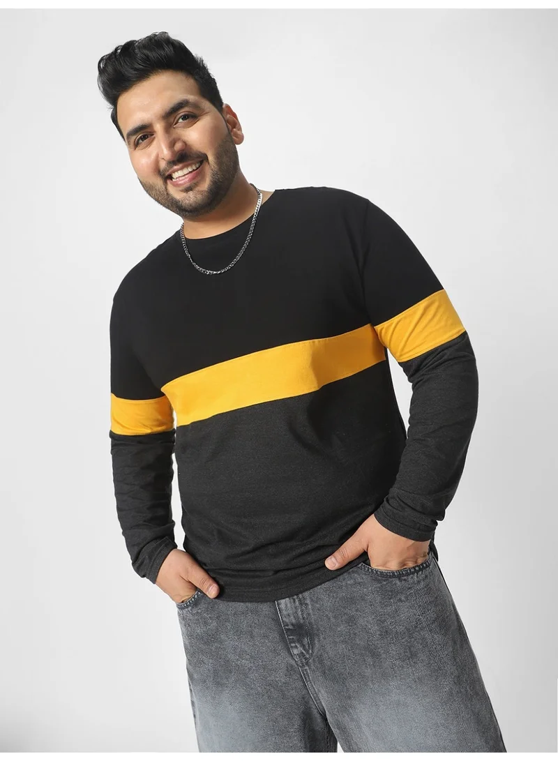 Urbano Plus Men's Black, Yellow, Charcoal Grey Color-Block Regular Fit Full Sleeve Cotton T-Shirt