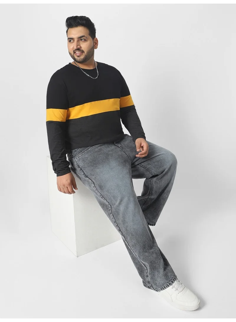 Urbano Fashion  Urbano Plus Men's Black, Yellow, Charcoal Grey Color-Block Regular Fit Full Sleeve Cotton T-Shirt  | Best Price UAE