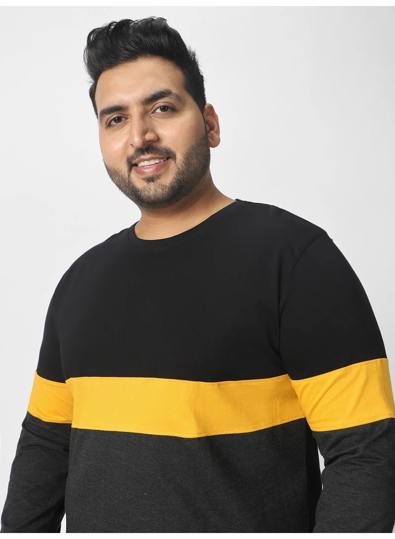 Urbano Fashion  Urbano Plus Men's Black, Yellow, Charcoal Grey Color-Block Regular Fit Full Sleeve Cotton T-Shirt  | Best Price UAE