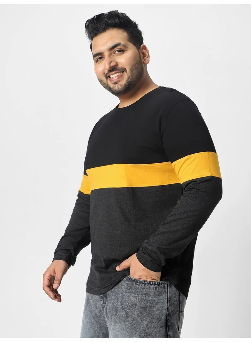 Urbano Fashion  Urbano Plus Men's Black, Yellow, Charcoal Grey Color-Block Regular Fit Full Sleeve Cotton T-Shirt  | Best Price UAE