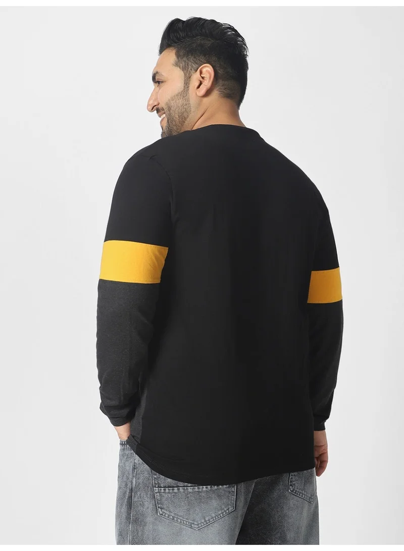 Urbano Fashion  Urbano Plus Men's Black, Yellow, Charcoal Grey Color-Block Regular Fit Full Sleeve Cotton T-Shirt  | Best Price UAE