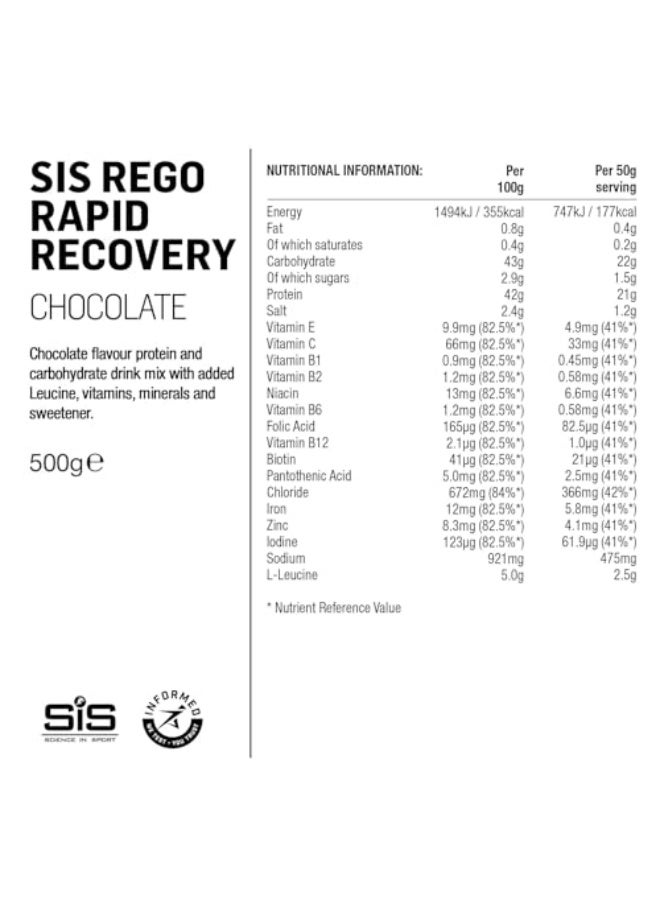 Rego Rapid Recovery | 21G Vegan Protein | 22G Carbohydrates | 2.5G Leucine | 15 Vitamins & Minerals | Plant Based Protein Powder | Chocolate Flavour | 10 Servings | 500G
