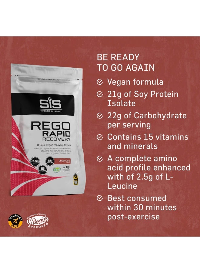 Rego Rapid Recovery | 21G Vegan Protein | 22G Carbohydrates | 2.5G Leucine | 15 Vitamins & Minerals | Plant Based Protein Powder | Chocolate Flavour | 10 Servings | 500G