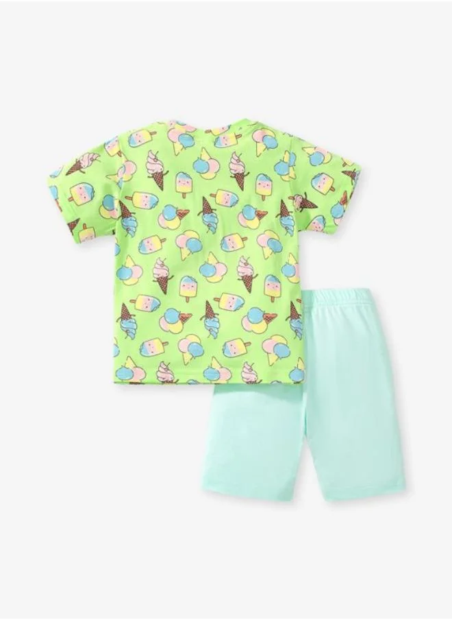 YUNIQEE Green Crew Neck Short Sleeve Printed Tshirt & Shorts