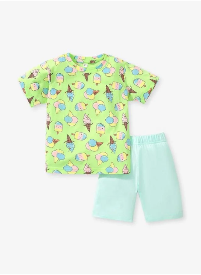 YUNIQEE Green Crew Neck Short Sleeve Printed Tshirt & Shorts