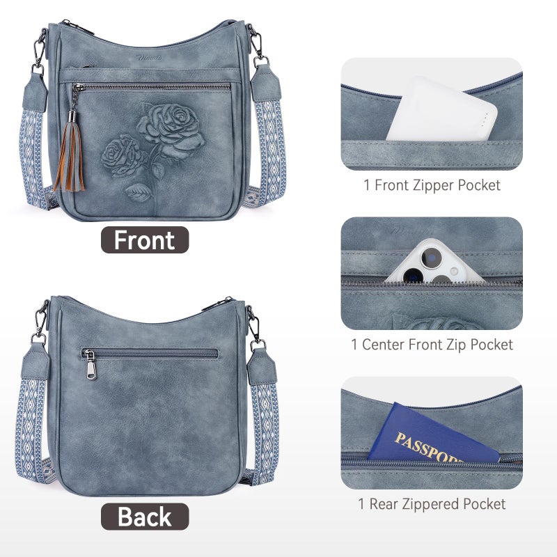 VIMUTI Crossbody Bags for Women Trendy Vegan Leather Hobo Purses for Women Embossed Flower Shoulder Handbags Bucket Bag (01-Blue) - Image 4