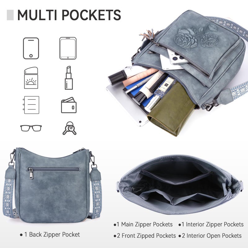 VIMUTI Crossbody Bags for Women Trendy Vegan Leather Hobo Purses for Women Embossed Flower Shoulder Handbags Bucket Bag (01-Blue) - Image 5