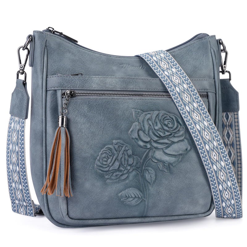 VIMUTI Crossbody Bags for Women Trendy Vegan Leather Hobo Purses for Women Embossed Flower Shoulder Handbags Bucket Bag (01-Blue) - Image 1