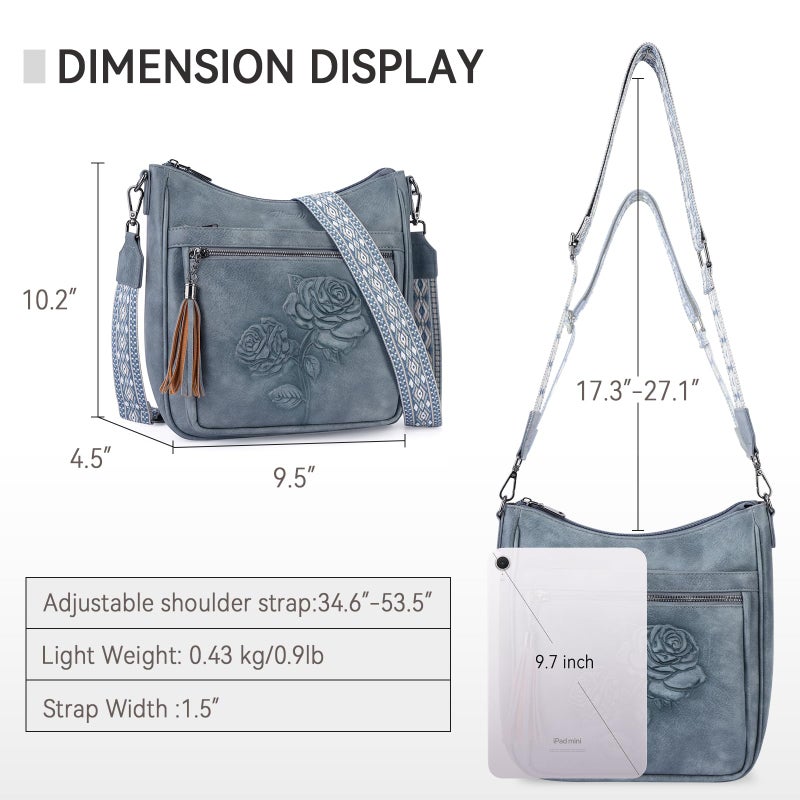 VIMUTI Crossbody Bags for Women Trendy Vegan Leather Hobo Purses for Women Embossed Flower Shoulder Handbags Bucket Bag (01-Blue) - Image 3