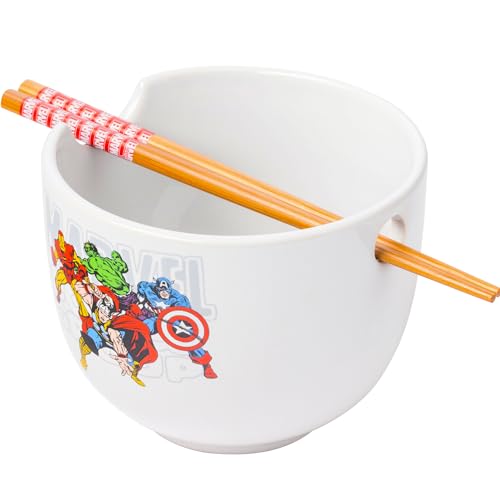 Silver Buffalo Marvel Retro Group Avengers Featuring Captain America Hulk Thor and Iron Man Ceramic Ramen Bowl with Chopsticks 20 Ounces