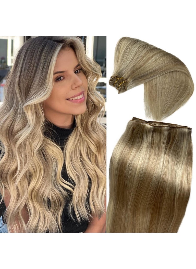Smartinnov - Hand Tied Weft Hair Extensions Human Hair Light Brown Highlight Platinum Blonde Sew in Hair Extensions Real Human Hair Balayage Weft Hair Extension Human Hair Full Head Sew in Hair Bundles 120g 22Inch - Image 1