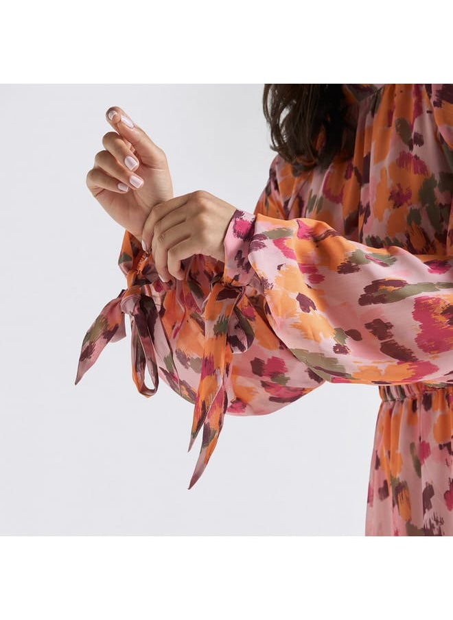 FAV All-Over Floral Print High Neck Top with Long Sleeves and Tie-Ups  - Image 4