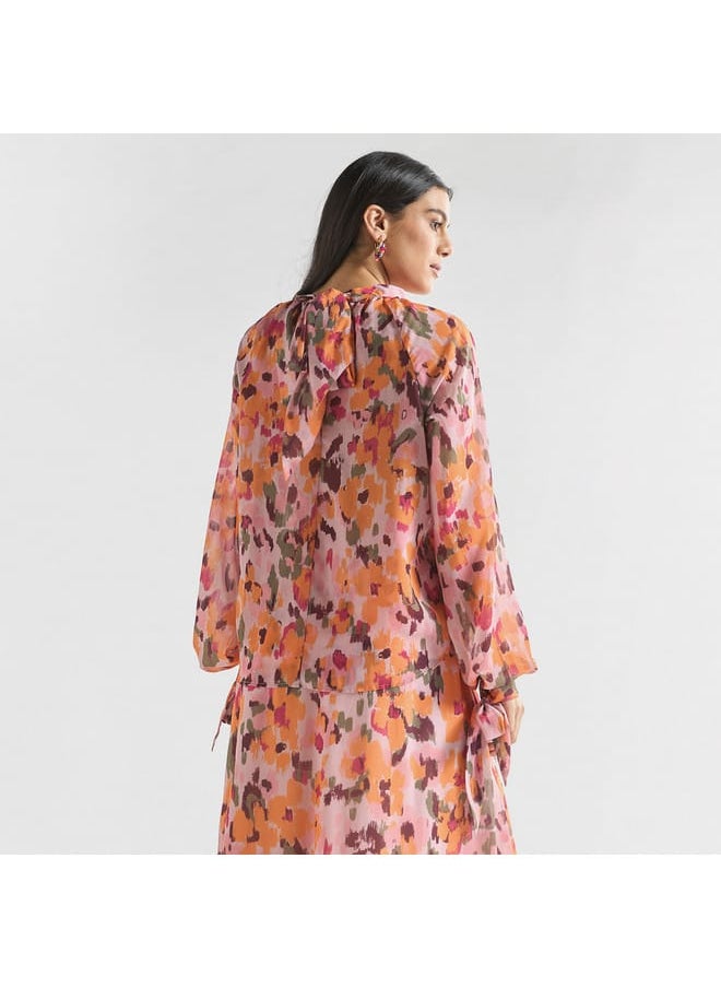 FAV All-Over Floral Print High Neck Top with Long Sleeves and Tie-Ups  - Image 3