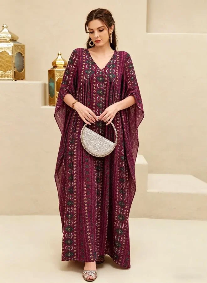 Take Two Burgundy All Over Print V Neck Jalabiya