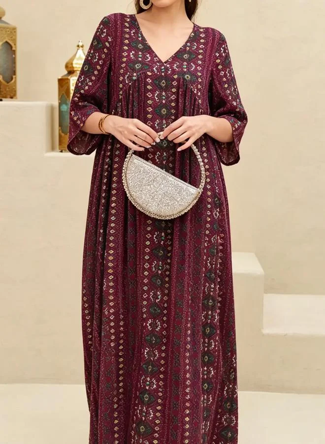 Take Two Burgundy All Over Print V Neck Jalabiya