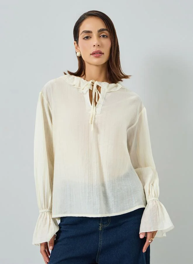 Take Two Women White Ruffle Trim Long Sleeve Top