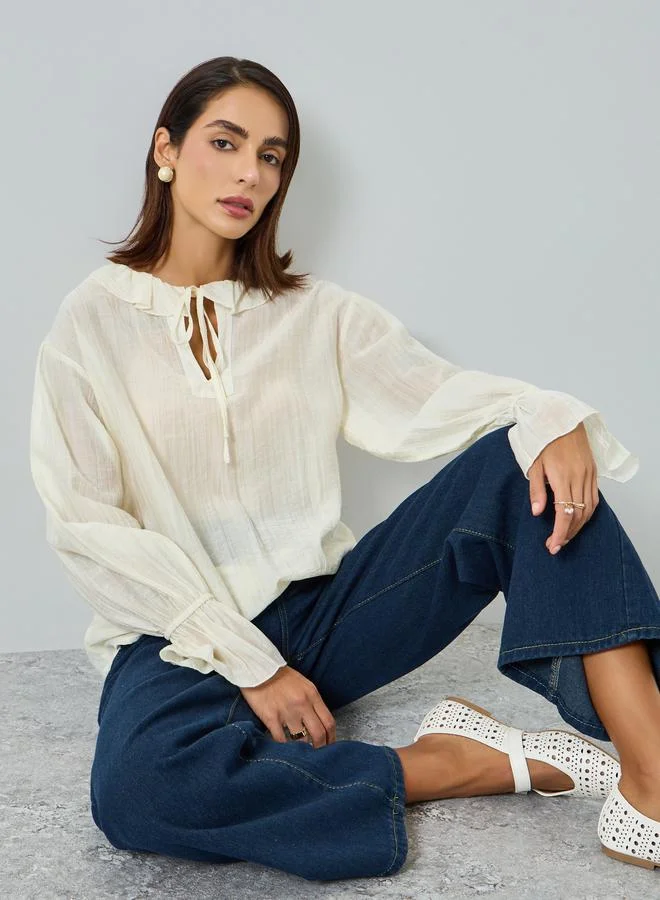 Take Two Women White Ruffle Trim Long Sleeve Top