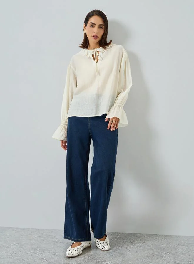 Take Two Women White Ruffle Trim Long Sleeve Top