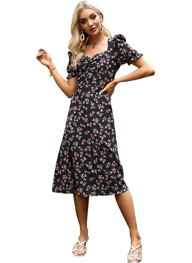 يونيكي Black Floral Print Midi Dress