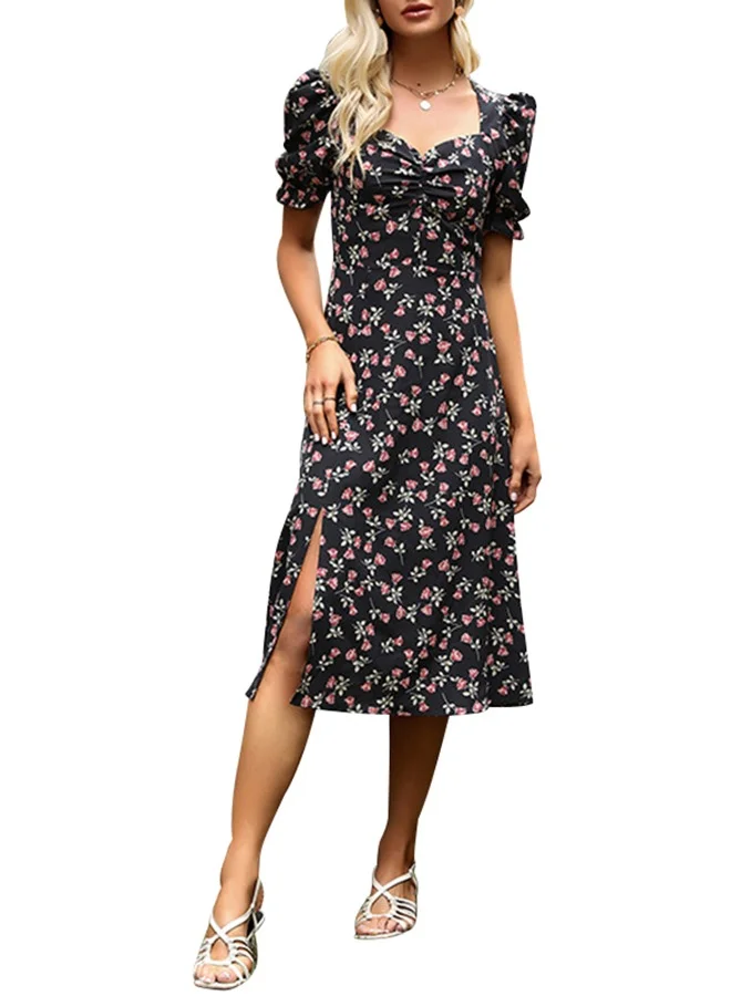 يونيكي Black Floral Print Midi Dress