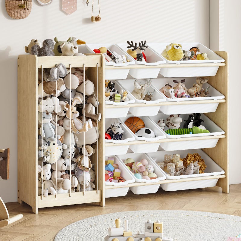 EXPERLAM Kids Toy Storage Organizer, 2-in-1 Stuffed Animal Storage & Toy Organizer w/12 Bins, Solid Wood Toy Rack Featuring Thicker Elastic Ropes to Hold Toys, Playroom Nursery Bedroom Storage, White - Image 1