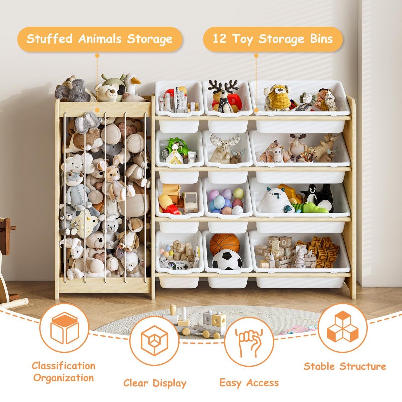 EXPERLAM Kids Toy Storage Organizer, 2-in-1 Stuffed Animal Storage & Toy Organizer w/12 Bins, Solid Wood Toy Rack Featuring Thicker Elastic Ropes to Hold Toys, Playroom Nursery Bedroom Storage, White - Image 5