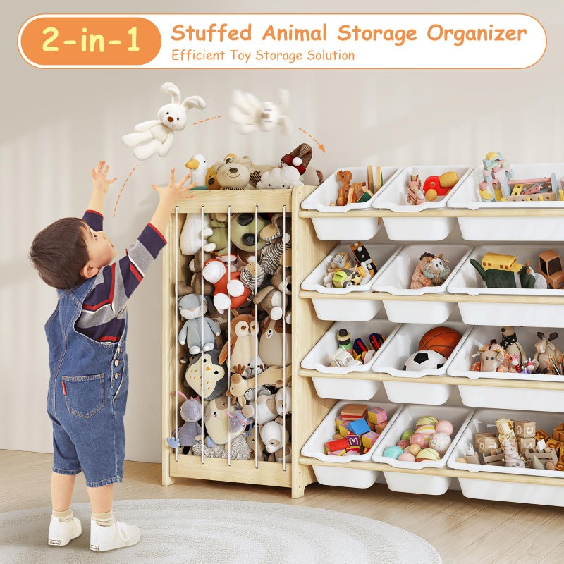 EXPERLAM Kids Toy Storage Organizer, 2-in-1 Stuffed Animal Storage & Toy Organizer w/12 Bins, Solid Wood Toy Rack Featuring Thicker Elastic Ropes to Hold Toys, Playroom Nursery Bedroom Storage, White - Image 3