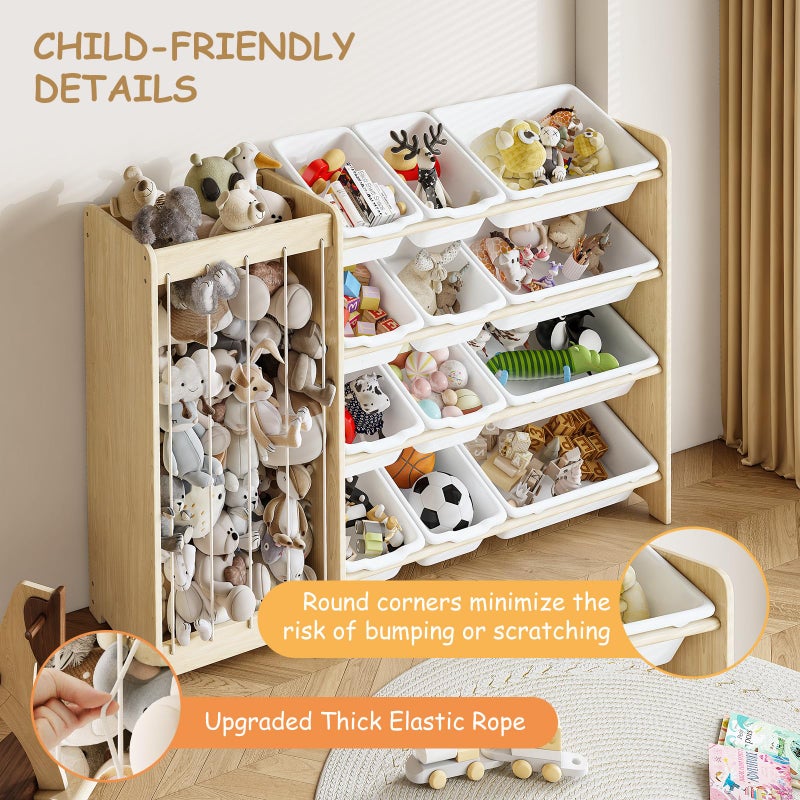 EXPERLAM Kids Toy Storage Organizer, 2-in-1 Stuffed Animal Storage & Toy Organizer w/12 Bins, Solid Wood Toy Rack Featuring Thicker Elastic Ropes to Hold Toys, Playroom Nursery Bedroom Storage, White - Image 4