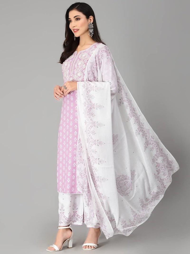 Stylum Women's Embroiderd & Printed Rayon Kurta Pant Dupatta Set - Image 3