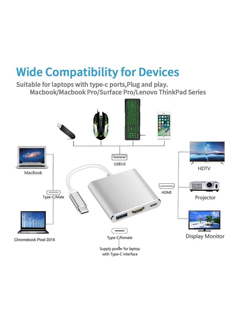 LEDIN 3-in-1 USB C Hub withType C Power Delivery, USB 3.0 & 4K HDMI Adapter ( Silver ) - Image 2