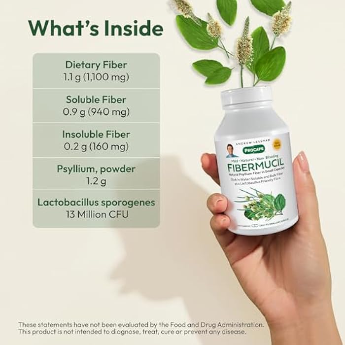 ANDREW LESSMAN Fibermucil 60 Capsules -Psyllium Husk Powder. Gently Promotes Regularity and Digestive Health. Rich in Fiber. Gentle, Easy, Effective. No Additives. Small Easy to Swallow Capsules - Image 3