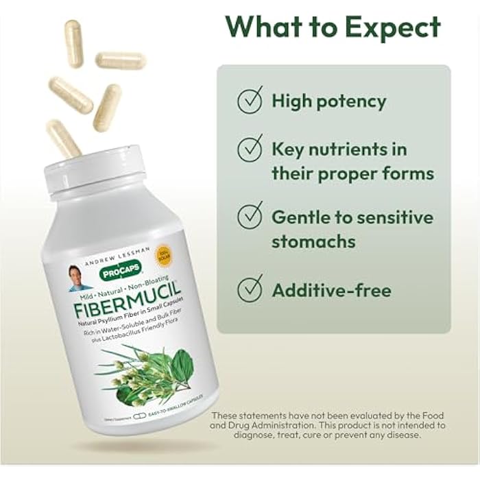 ANDREW LESSMAN Fibermucil 60 Capsules -Psyllium Husk Powder. Gently Promotes Regularity and Digestive Health. Rich in Fiber. Gentle, Easy, Effective. No Additives. Small Easy to Swallow Capsules - Image 4