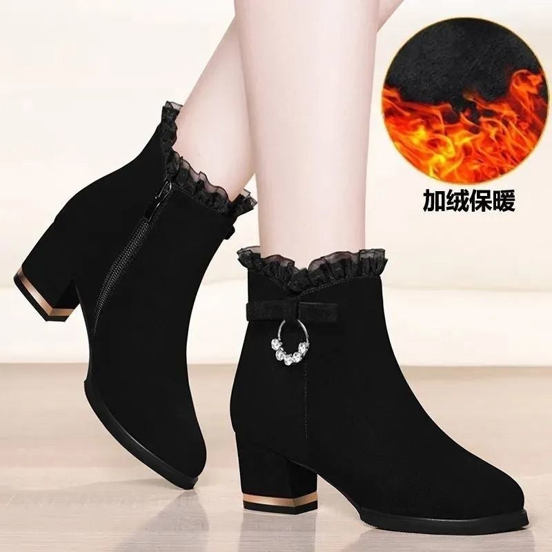 Thickened Fleece-Lined Boots 2023 Mid Heel Thick Heel Half Barrel Cotton Boots Non-Slip Soft Bottom Short Boots Snow Boots - Image 1