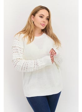 INC Women Round Neck Long Sleeve Textured Sweater, White  - Image 1
