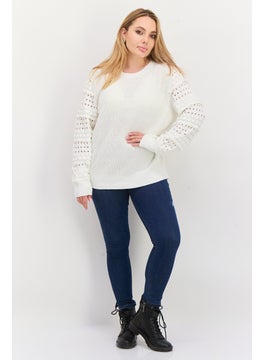 INC Women Round Neck Long Sleeve Textured Sweater, White  - Image 3