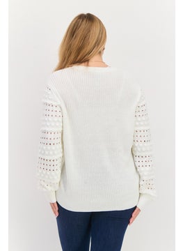 INC Women Round Neck Long Sleeve Textured Sweater, White  - Image 2