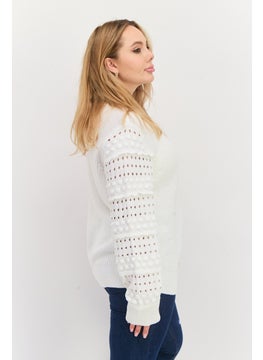 INC Women Round Neck Long Sleeve Textured Sweater, White  - Image 4