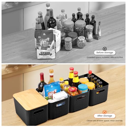 Ohmlove 4 Packs Storage Bins with Bamboo Lids - Plastic Storage Containers with Lids Stackable Storage Box: Storages Baskets for Organizing Desktop Closet Playroom Classroom Office, Black - Image 4