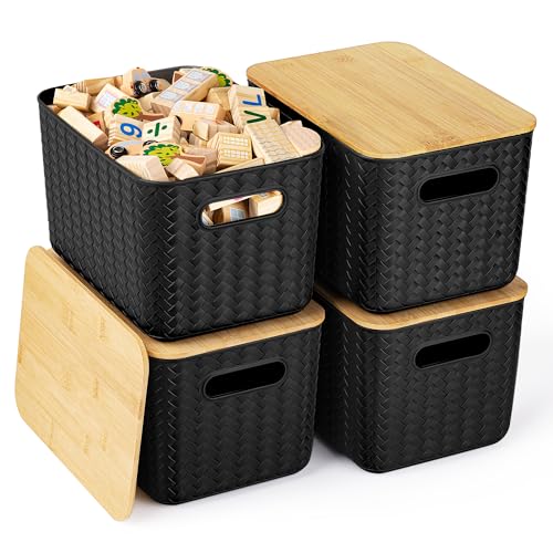 Ohmlove 4 Packs Storage Bins with Bamboo Lids - Plastic Storage Containers with Lids Stackable Storage Box: Storages Baskets for Organizing Desktop Closet Playroom Classroom Office, Black - Image 1