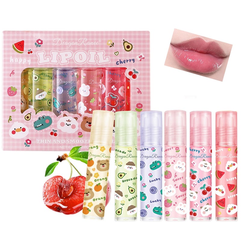 Dulele 6PCS Roll On Lip Gloss Set Fruity Flavors Rolling Ball Lip Oil NoSticky Gloss Lip Balm Lip Care for Dry and Chapped Lips